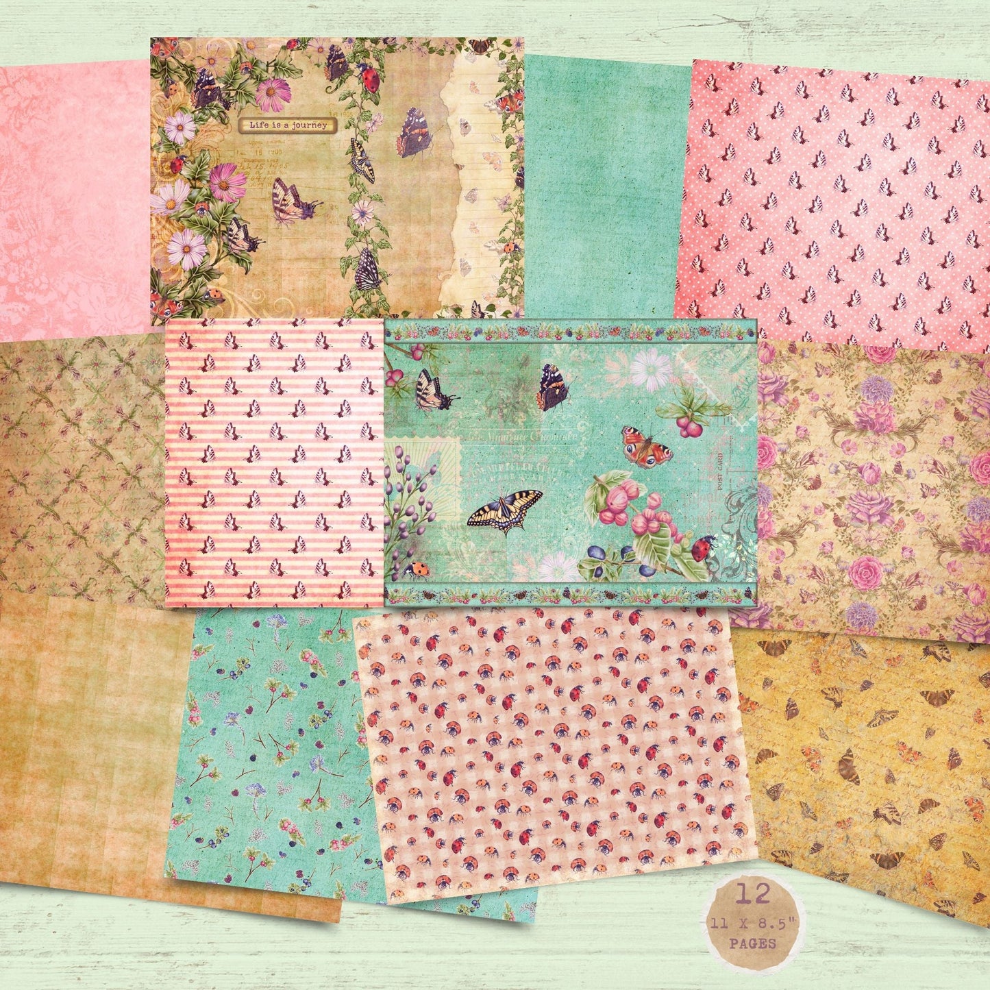 Butterflies, Bugs & Berries 12 Paper Pack. (digital download)