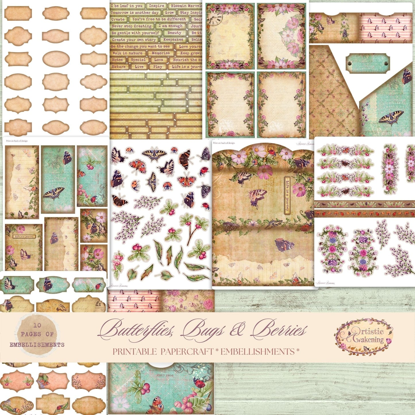 Butterflies, Bugs & Berries Embellishments Pack 10 8.5 x 11" Pages. (digital download)