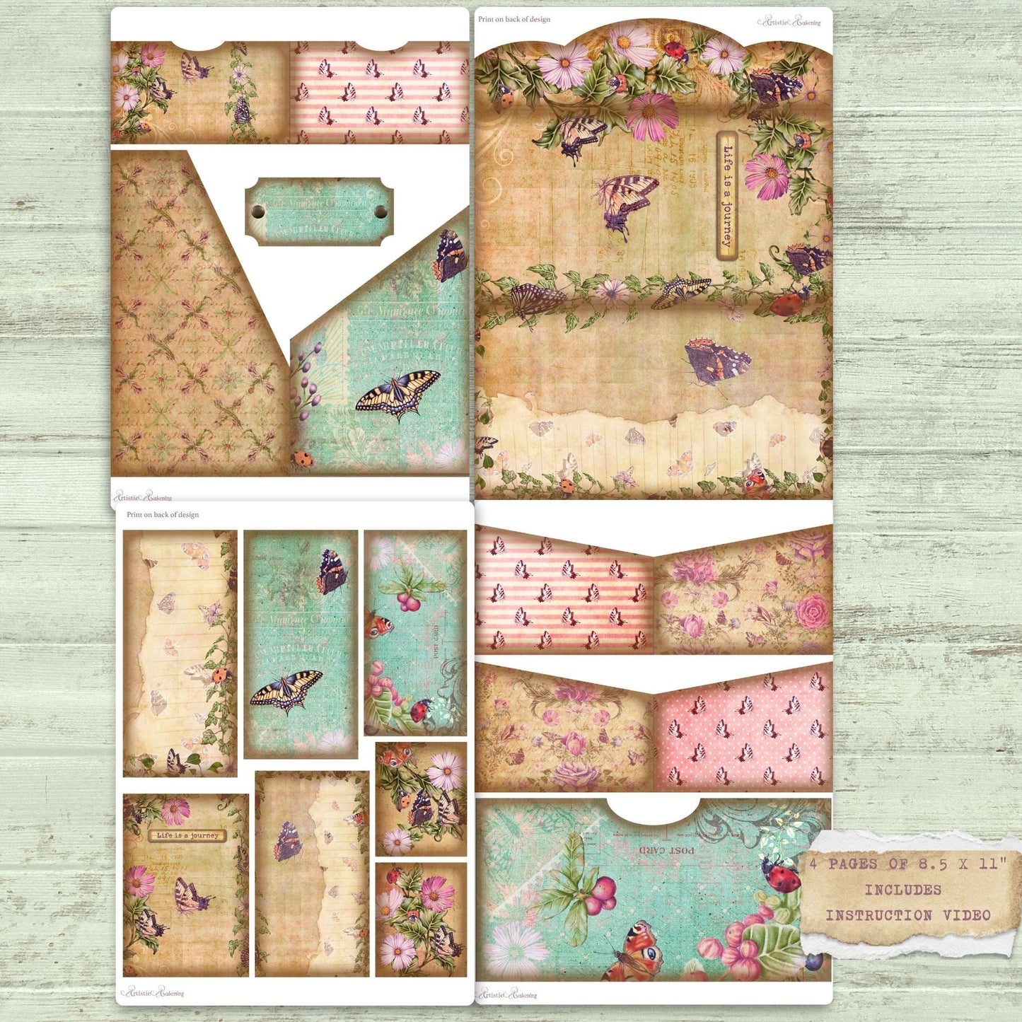 Butterflies, Bugs & Berries Mini Folio with pockets & Cards. 4 8.5 x 11" pages & instructions. (Digital download)