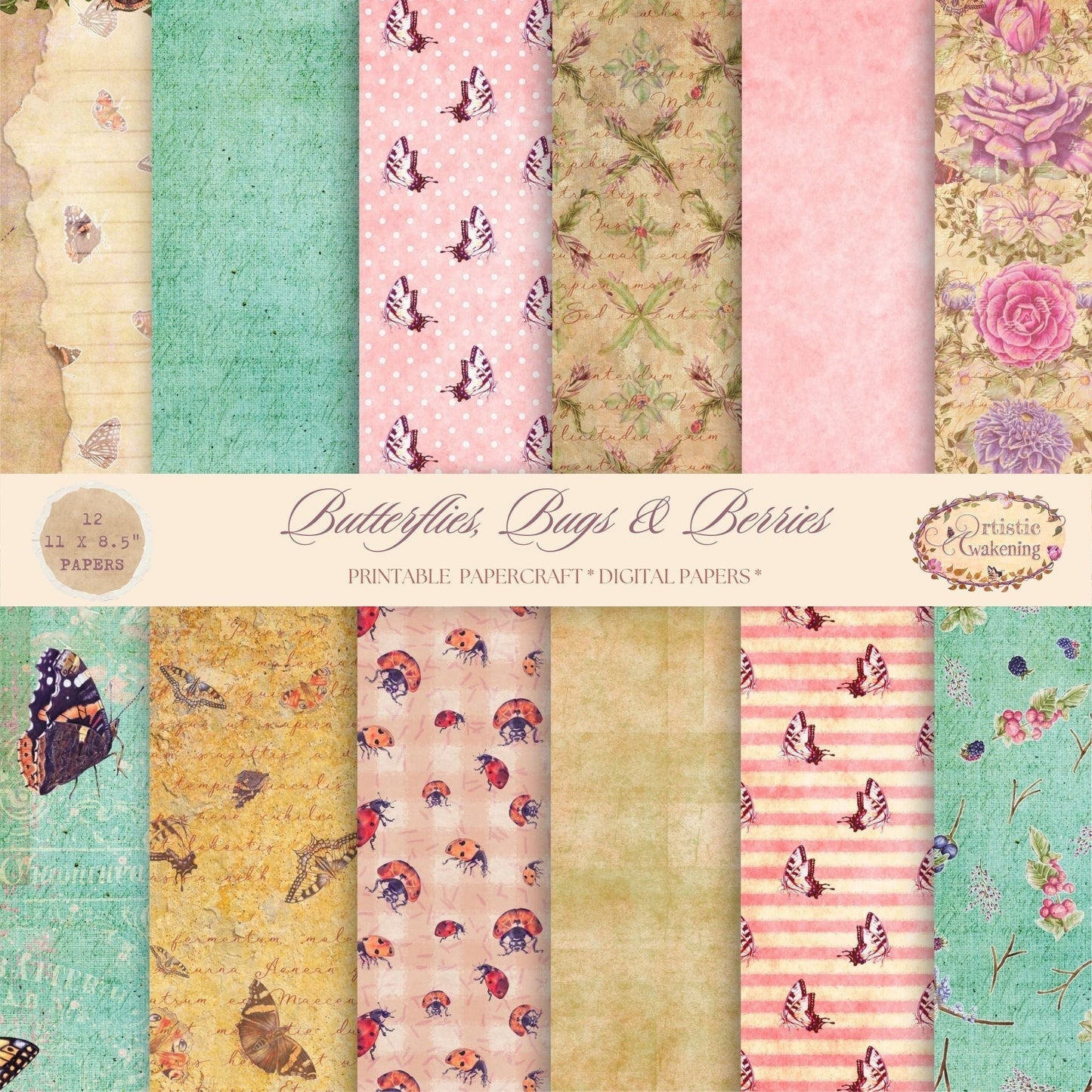 Butterflies, Bugs & Berries 12 Paper Pack. (digital download)