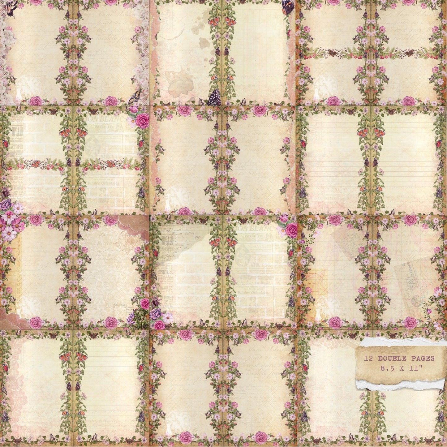 Butterflies, Bugs & Berries 12 8.5 x 11" Junk Journal Pages. (digital download)