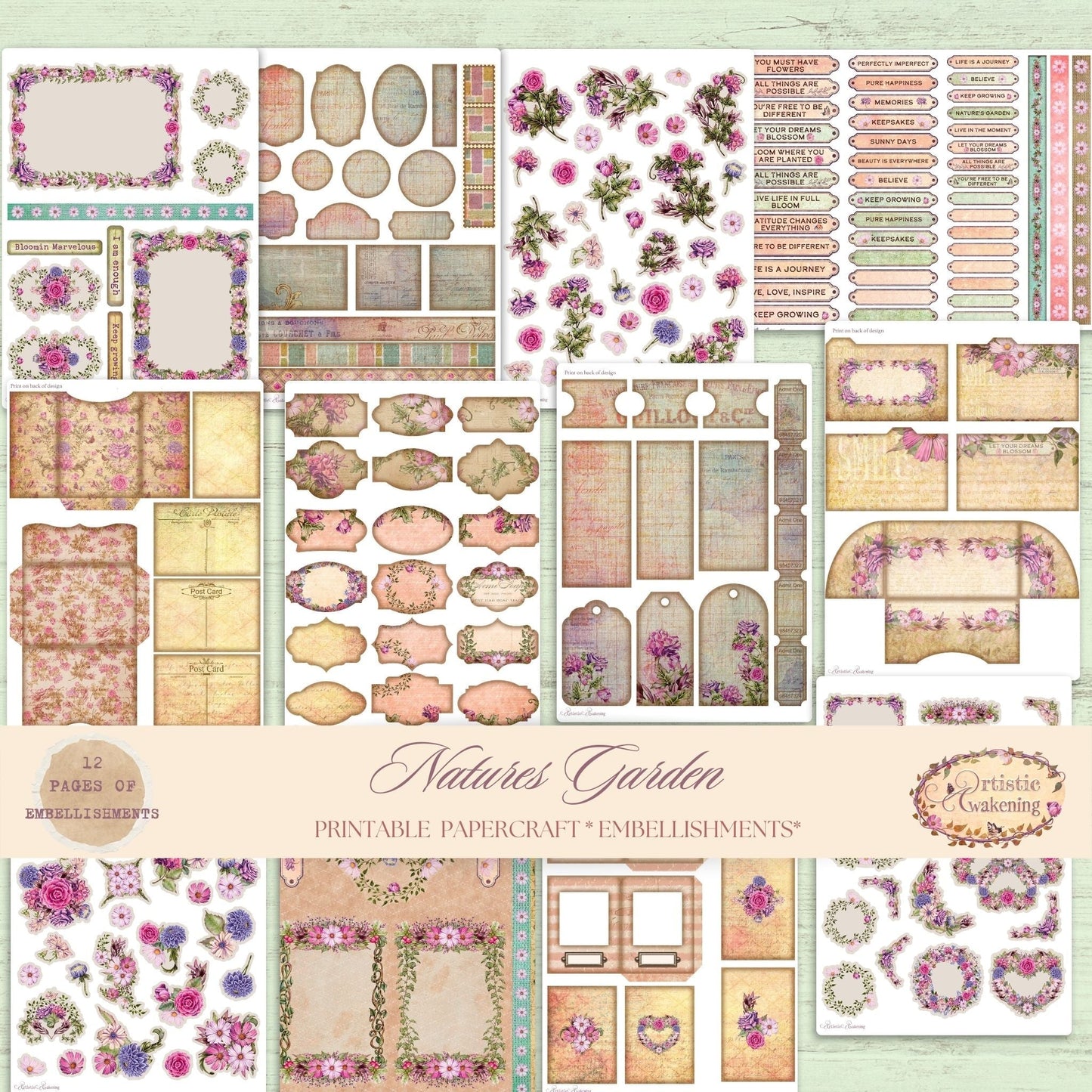 Natures Garden Embellishments Pack 12 8.5 x 11" Pages. (digital download)