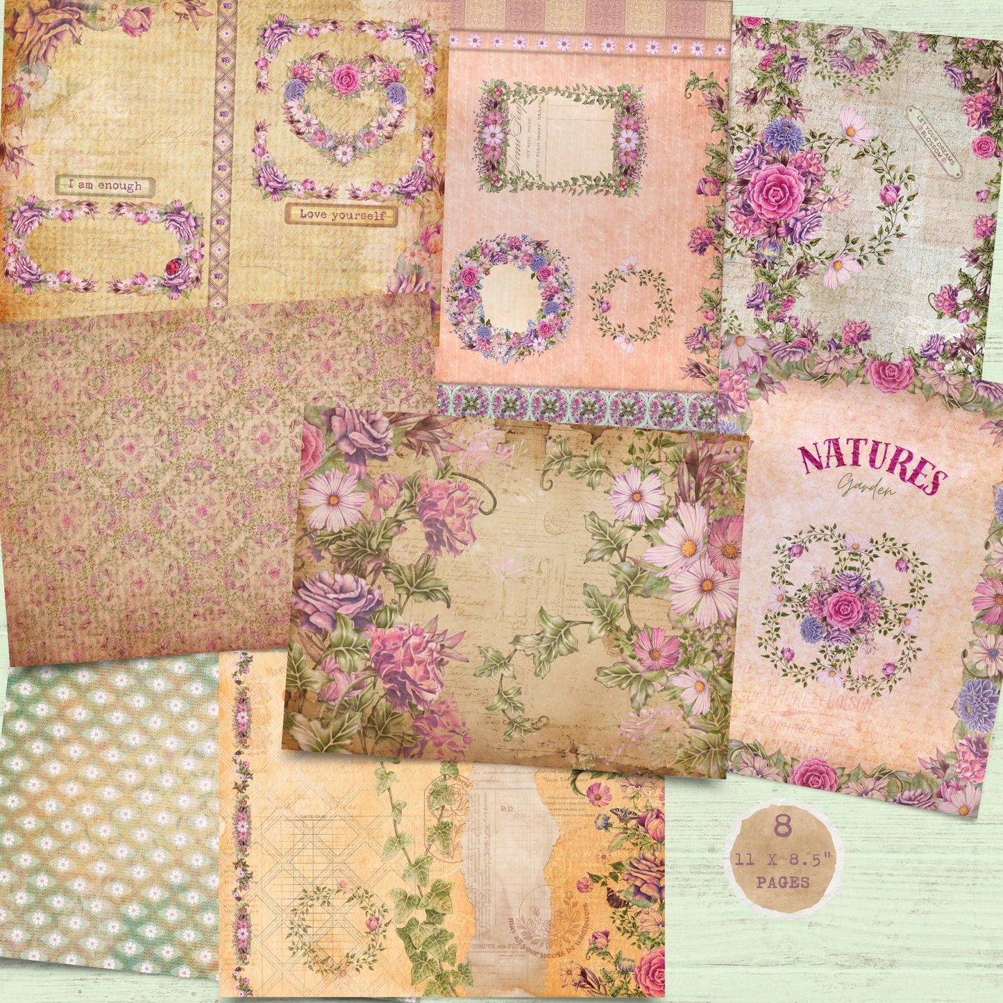 Natures Garden Pink & Purple Flowers 8 Paper Pack. (digital download)