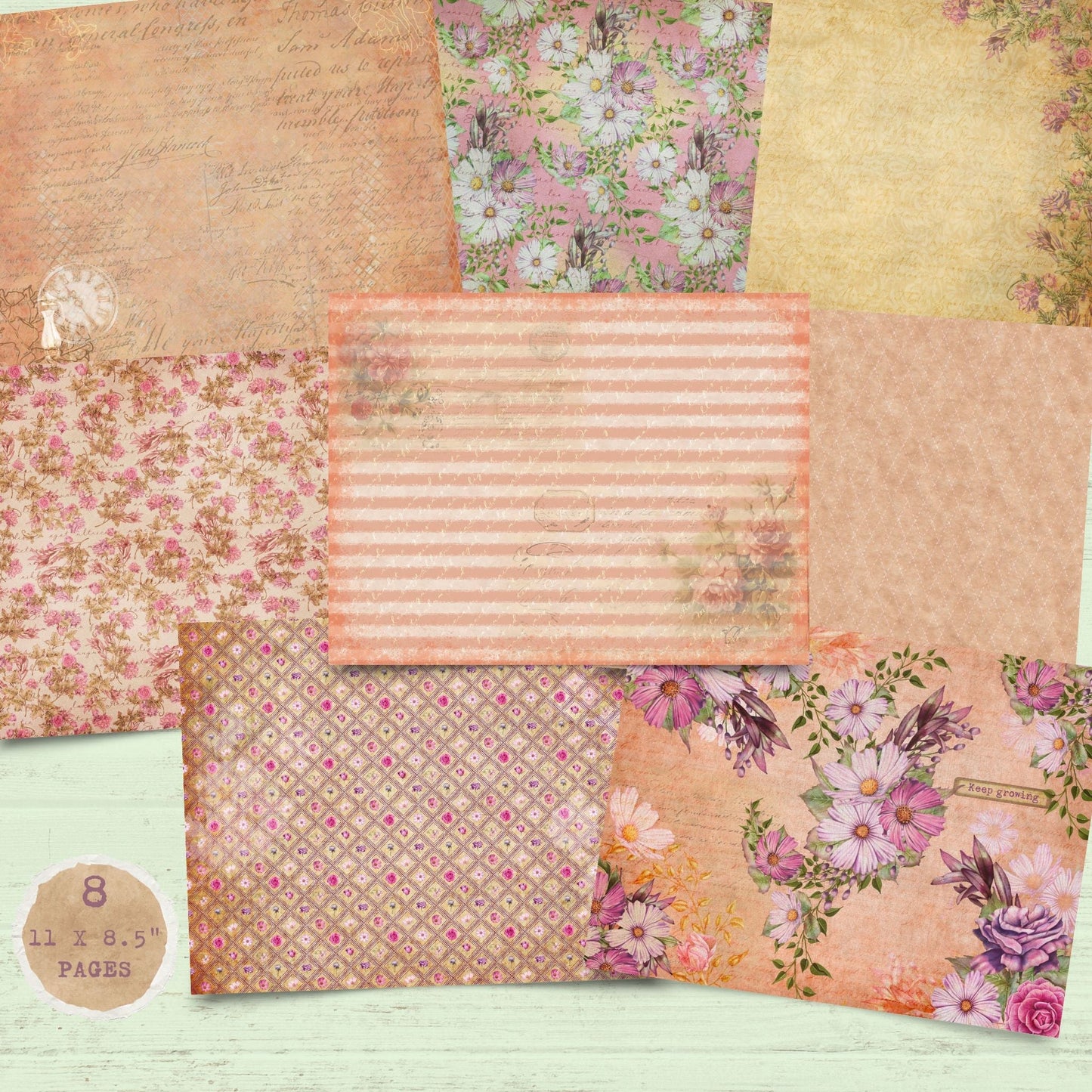 Natures Garden Pink & Cream Flowers 8 Paper Pack. (digital download)