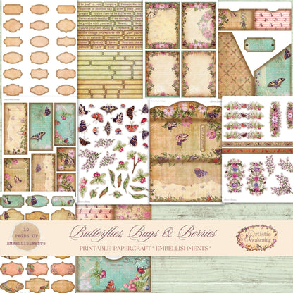 Butterflies, Bugs & Berries Embellishments Pack 10 8.5 x 11" Pages. (digital download)