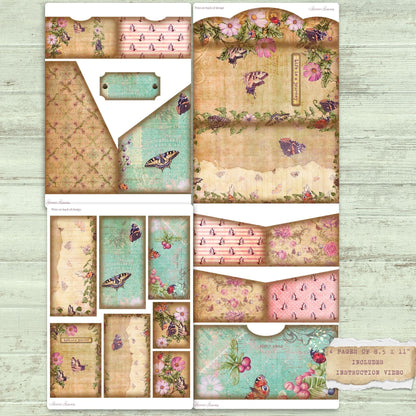 Butterflies, Bugs & Berries Mini Folio with pockets & Cards. 4  8.5 x 11" pages & instructions. (Digital download)