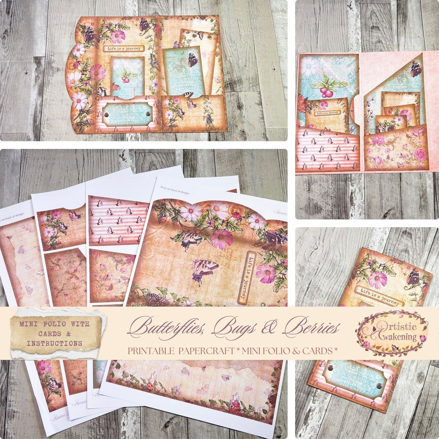 Butterflies, Bugs & Berries Mini Folio with pockets & Cards. 4  8.5 x 11" pages & instructions. (Digital download)