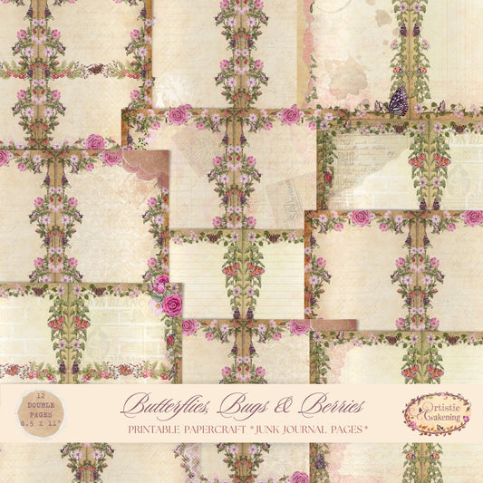 Butterflies, Bugs & Berries  12  8.5 x 11" Junk Journal Pages. (digital download)