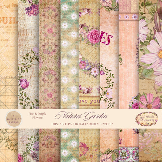 Natures Garden Pink & Purple Flowers 8 Paper Pack. (digital download)