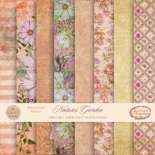Natures Garden Pink & Cream Flowers 8  Paper Pack. (digital download)